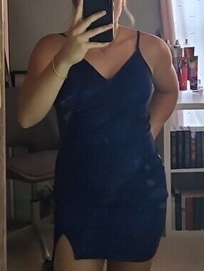 Sparkle Navy Slip Dress with Front Slit